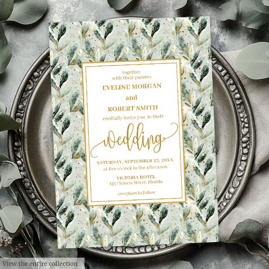 Invitation Formal Hunter Green Gold Foliage Mariage Invite