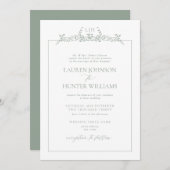 Invitation Formal Sage Green Floral Border Monogram Wedding (Devant / Derrière)
