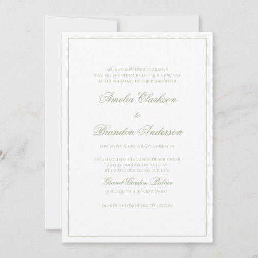 Invitation Formal Sage Green & White Border Script Wedding (Devant)