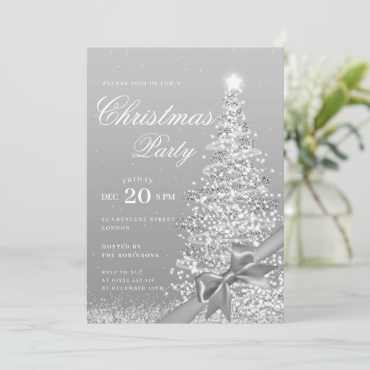 Invitation Formal Silver Winter Christmas Tree Bow Holiday (Debout devant)