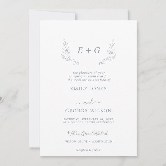 Invitation Forme bleue et blanche minimale tout en un mariage (Devant)