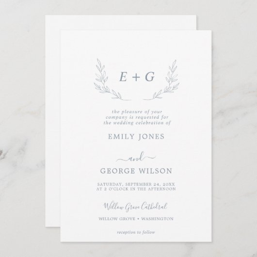 Invitation Forme bleue et blanche minimale tout en un mariage (Devant / Derrière)