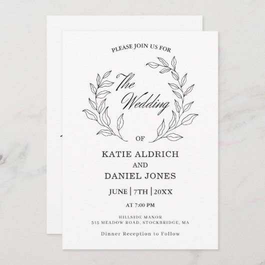 Invitation Formel Élégant Feuille moderne Noir Blanc Mariage (Devant / Derrière)