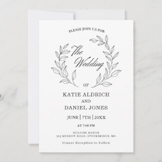 Invitation Formel Élégant Feuille moderne Noir Blanc Mariage