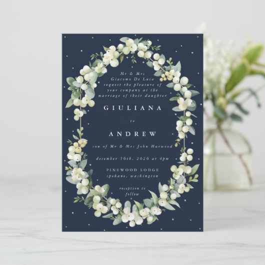 Invitation Formel Elegant Marine Snowberry+Eucalyptus Mariage (Debout devant)