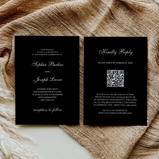 Invitation Formel et Classique | Réponse Mariage Noir QR Code