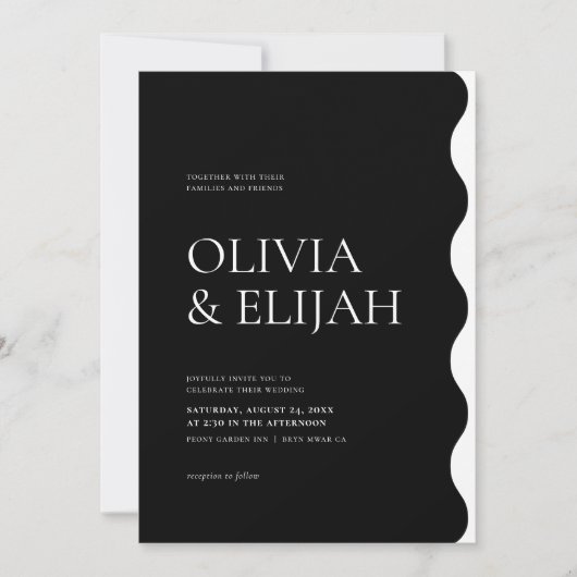 Invitation Formel Noir & Blanc Moderne Mariage Wavy (Devant)