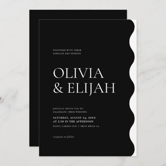Invitation Formel Noir & Blanc Moderne Mariage Wavy (Devant / Derrière)