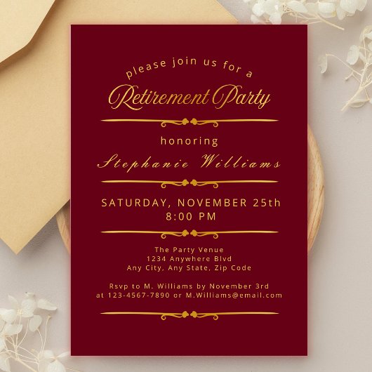 Invitation Formelle Élégante Retraite Burgundy Gold Party