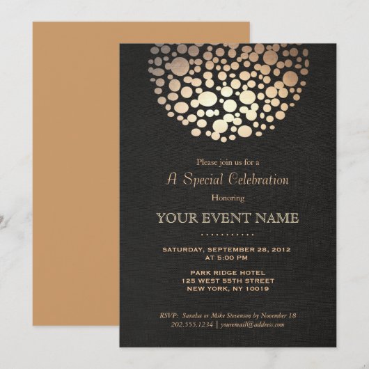 Invitation formelle noire avec cercle doré élégant (Devant / Derrière)
