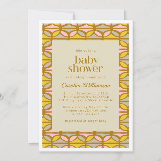 Invitation Formes Abstraites Motif rose Baby shower jaune (Devant)