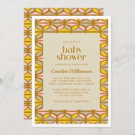 Invitation Formes Abstraites Motif rose Baby shower jaune (Devant / Derrière)