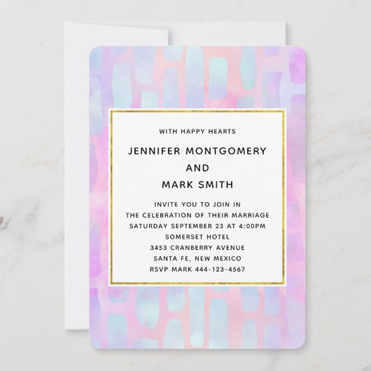 Invitation Formes de rectangle violet et bleu sur mariage ros (Devant)