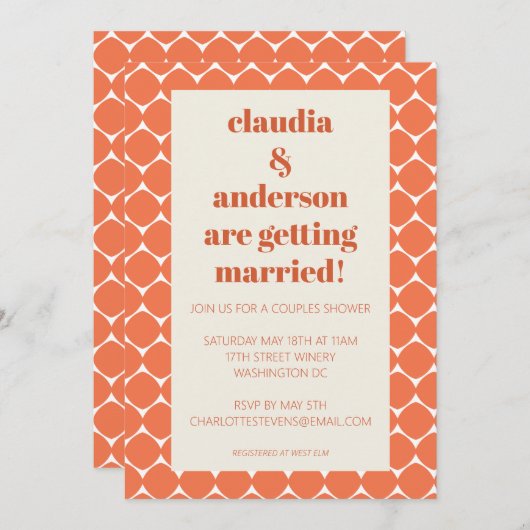 Invitation Formes géométriques Orange Retro Mod Couples Douch (Devant / Derrière)