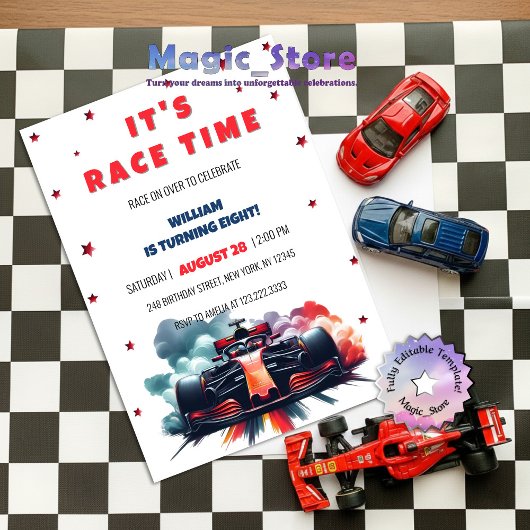 Invitation Formula Race Car Red Smoke Stars F1 Birthday