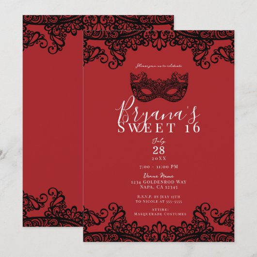 Invitation Fortune Red Black Lace Masquerade Sweet 16 Party (Devant / Derrière)