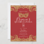Invitation Fortune Red Gold Lace Masquerade 15 Quinceañera (Devant)