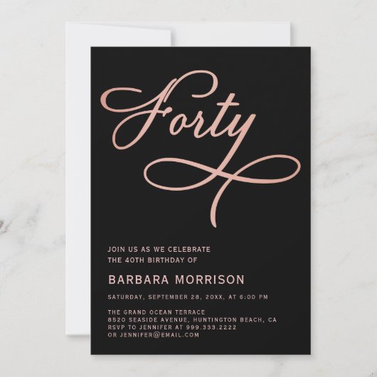 Invitation Forty Black Rose Gold Script 40e anniversaire (Devant)