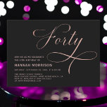 Invitation Forty Black Rose Gold Script 40e anniversaire<br><div class="desc">Célébrez un jalon monumental avec l'Invitation 40e anniversaire de Forty Rose Gold & Black Script. Doté d'un élégant script d'or rose sur un arrière - plan noir élégant, cette invitation respire le raffinement et le style. Parfait pour une célébration chic du 40e anniversaire, il a été conçu pour donner le...</div>