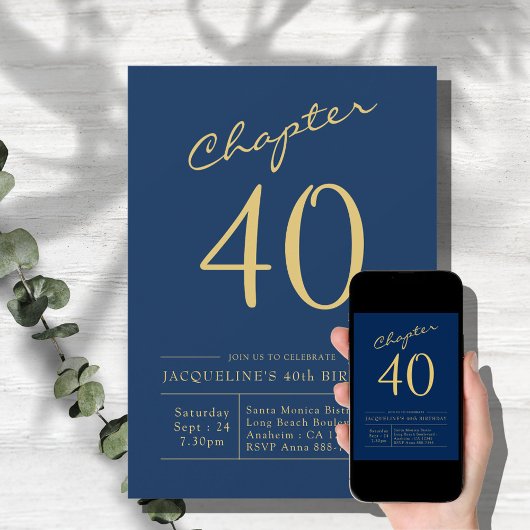 Invitation Forty Blue Gold 40e fête d'anniversaire