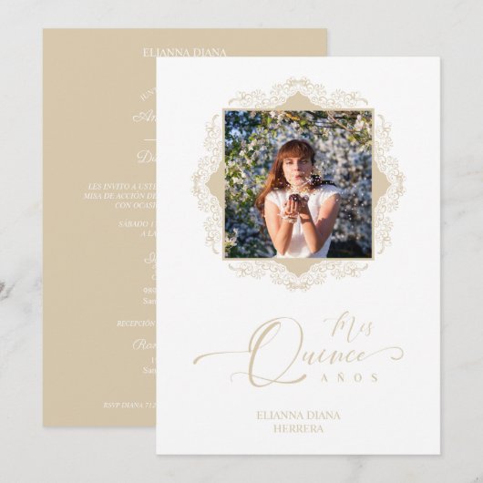 Invitation Foto Quinceañera Español Efecto Encaje Dorado (Devant / Derrière)