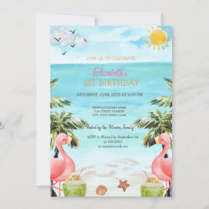 Invitation Fougère Palm Pink Flamingos Cocktail 1er