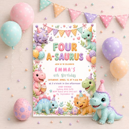 Invitation Four-A-Saurus 4e fête d'anniversaire fille dinosau