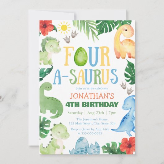 Invitation Four A-Saurus Dino 4th Birthday (Devant)