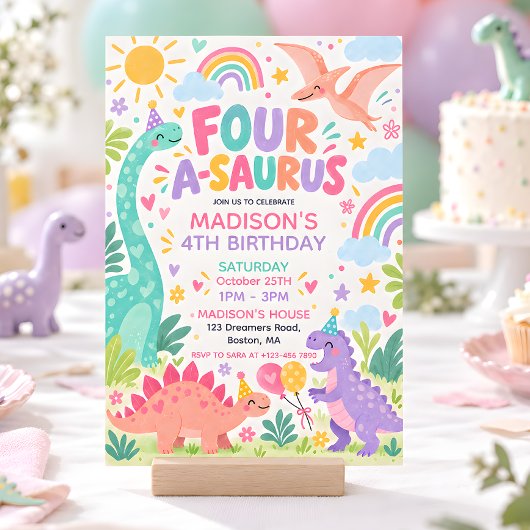 Invitation Four A Saurus Pastel Dinosaur 4e Anniversaire