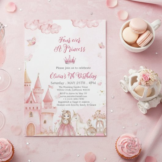 Invitation Four Ever A Princess Castle unicorn 4th Birthday 