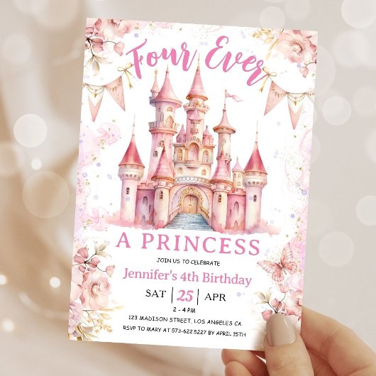 Invitation Four Ever A Princess Pink Girl 4ème anniversaire