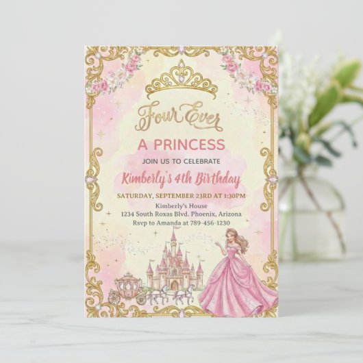 Invitation Four Ever A Princess Pink Girl 4th Birthday Party (Debout devant)