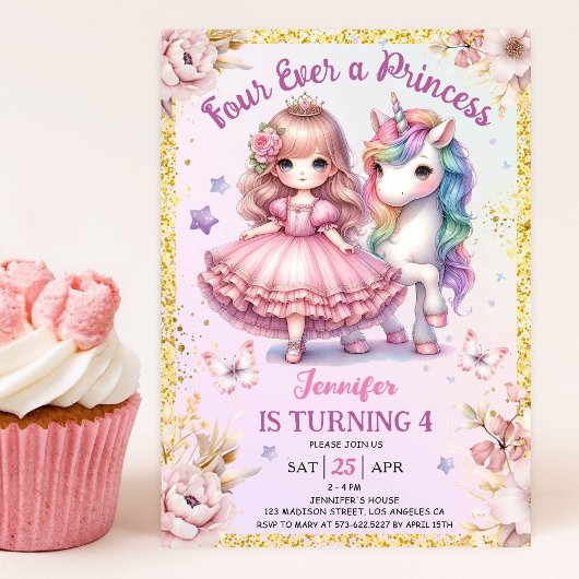Invitation Four Ever A Princess Unicorn 4e fête anniversaire