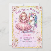 Invitation Four Ever A Princess Unicorn 4e fête anniversaire (Devant)