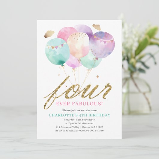 Invitation Four Ever Fabulous Balloon 4th Birthday (Debout devant)