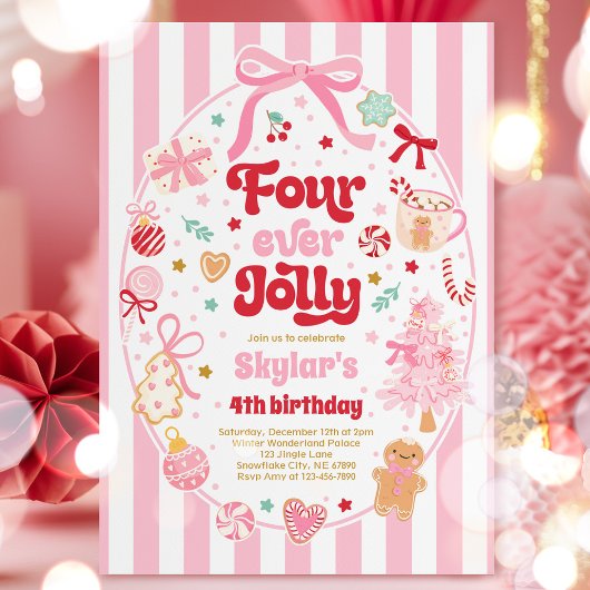 Invitation Four Ever Jolly Christmas Bow 4th Birthday