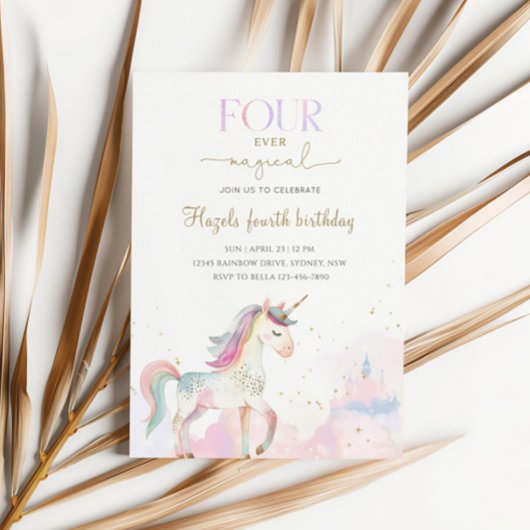 Invitation Four Ever Magical Pastel Unicorn 4th Birthday