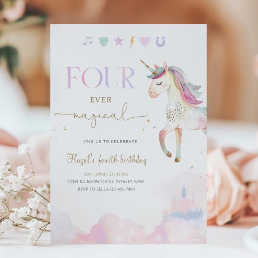 Invitation Four Ever Magical Unicorn 4th Birthday Party