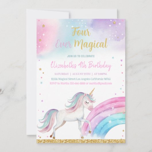 Invitation Four Ever Magique Unicorne 4e anniversaire (Devant)