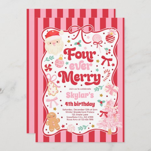 Invitation Four Ever Merry Christmas Bow 4th Birthday (Devant / Derrière)