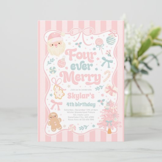 Invitation Four Ever Merry Christmas Bow 4th Birthday (Debout devant)