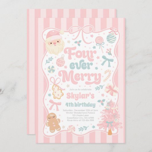 Invitation Four Ever Merry Christmas Bow 4th Birthday (Devant / Derrière)