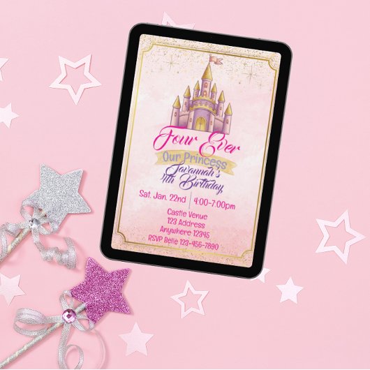 Invitation Four Ever Our Princess Purple Gold Castle Birthday