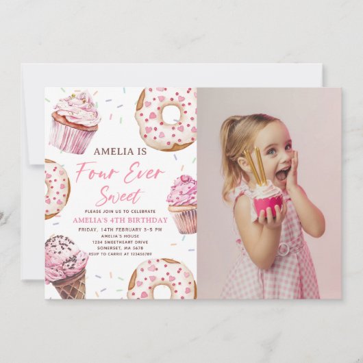 Invitation Four Ever Sweet Cupcake & Donuts 4e anniversaire (Devant)