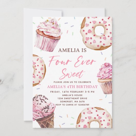 Invitation Four Ever Sweet Cupcake & Donuts 4e anniversaire (Devant)