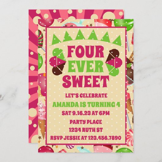 Invitation Four Ever Sweet Ice Cream 4e fête d'anniversaire (Devant / Derrière)