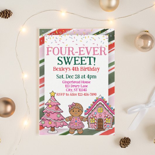 Invitation Four-Ever Sweet, Pink Gingerbread 4th Birthday