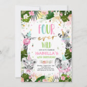 Invitation Four Ever Wild 4th Birthday Safari Animaux Party (Devant)
