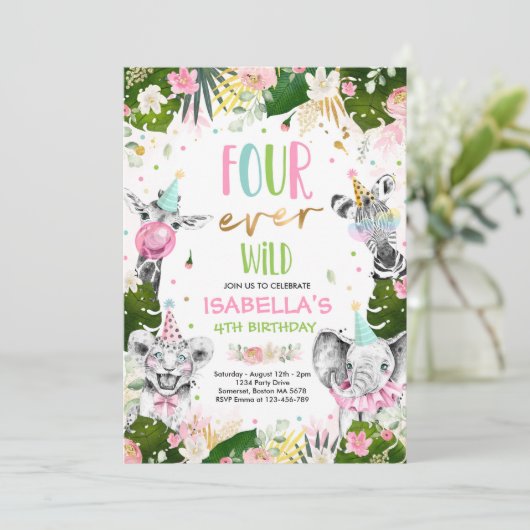 Invitation Four Ever Wild 4th Birthday Safari Animaux Party (Debout devant)