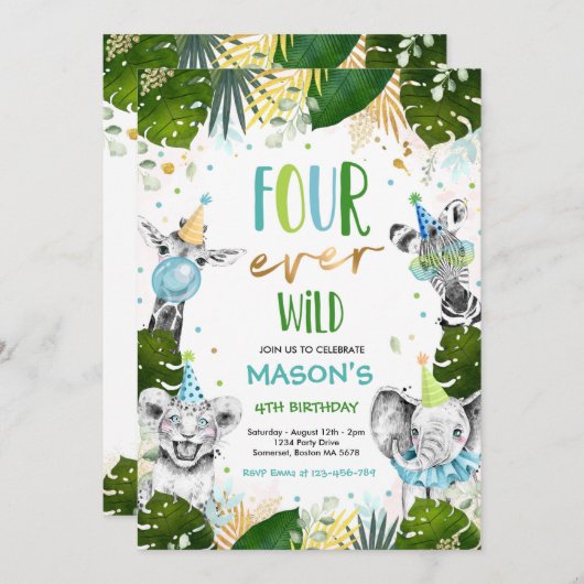 Invitation Four Ever Wild 4th Birthday Safari Animaux Party (Devant / Derrière)